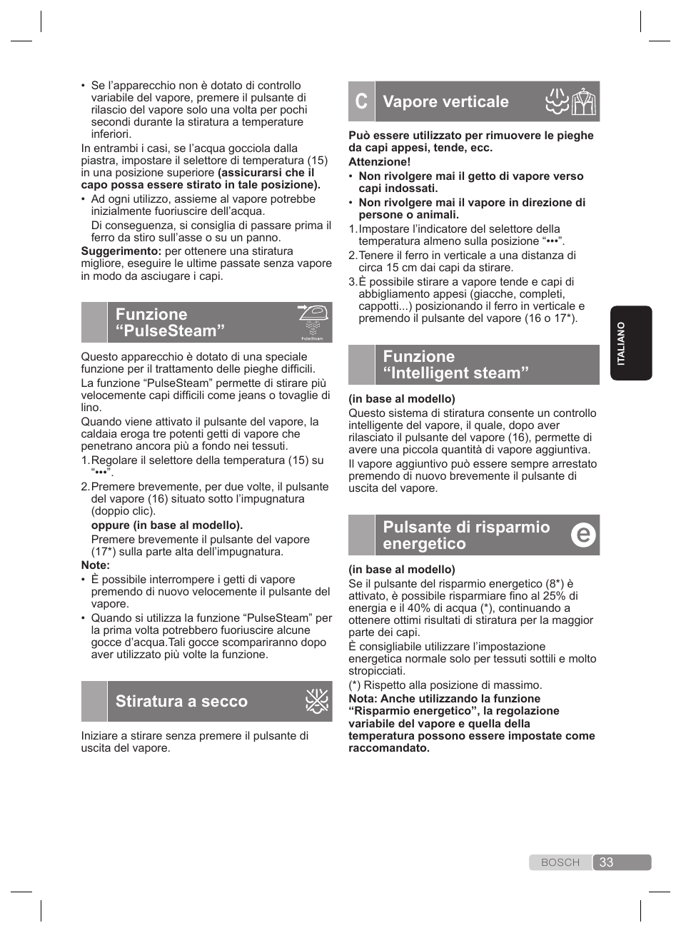 Vapore verticale, Funzione “intelligent steam, Pulsante di risparmio energetico | Funzione “pulsesteam, Stiratura a secco | Bosch TDS4530 User Manual | Page 33 / 160