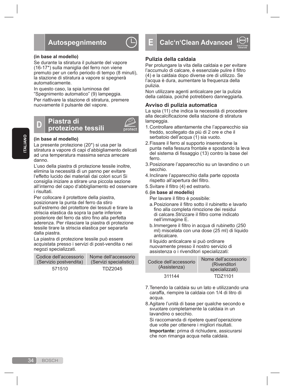 Calc‘n‘clean advanced, Autospegnimento, Piastra di protezione tessili | Bosch TDS4530 User Manual | Page 34 / 160