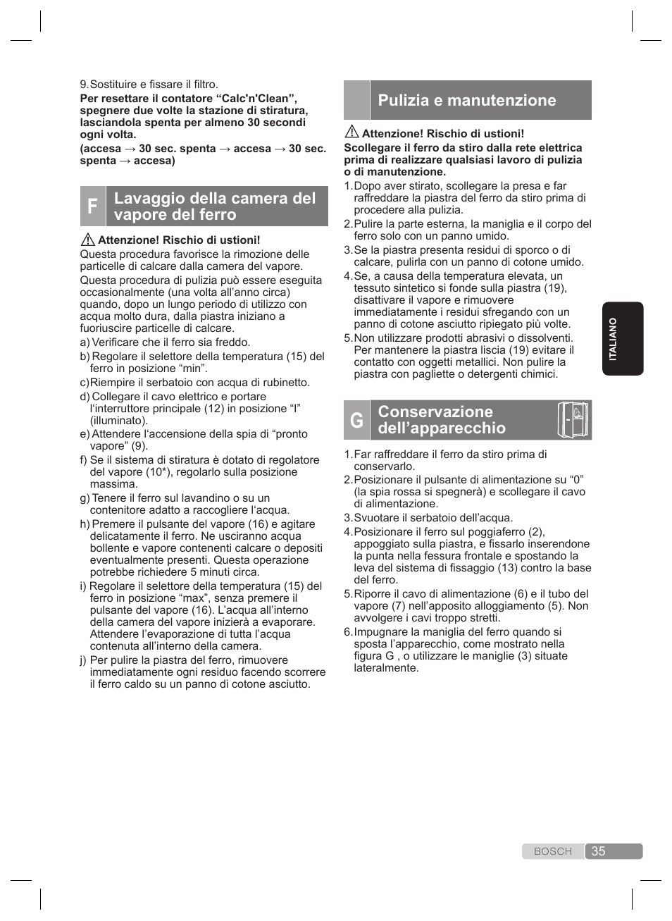 Pulizia e manutenzione, Conservazione dell’apparecchio, Lavaggio della camera del vapore del ferro | Bosch TDS4530 User Manual | Page 35 / 160