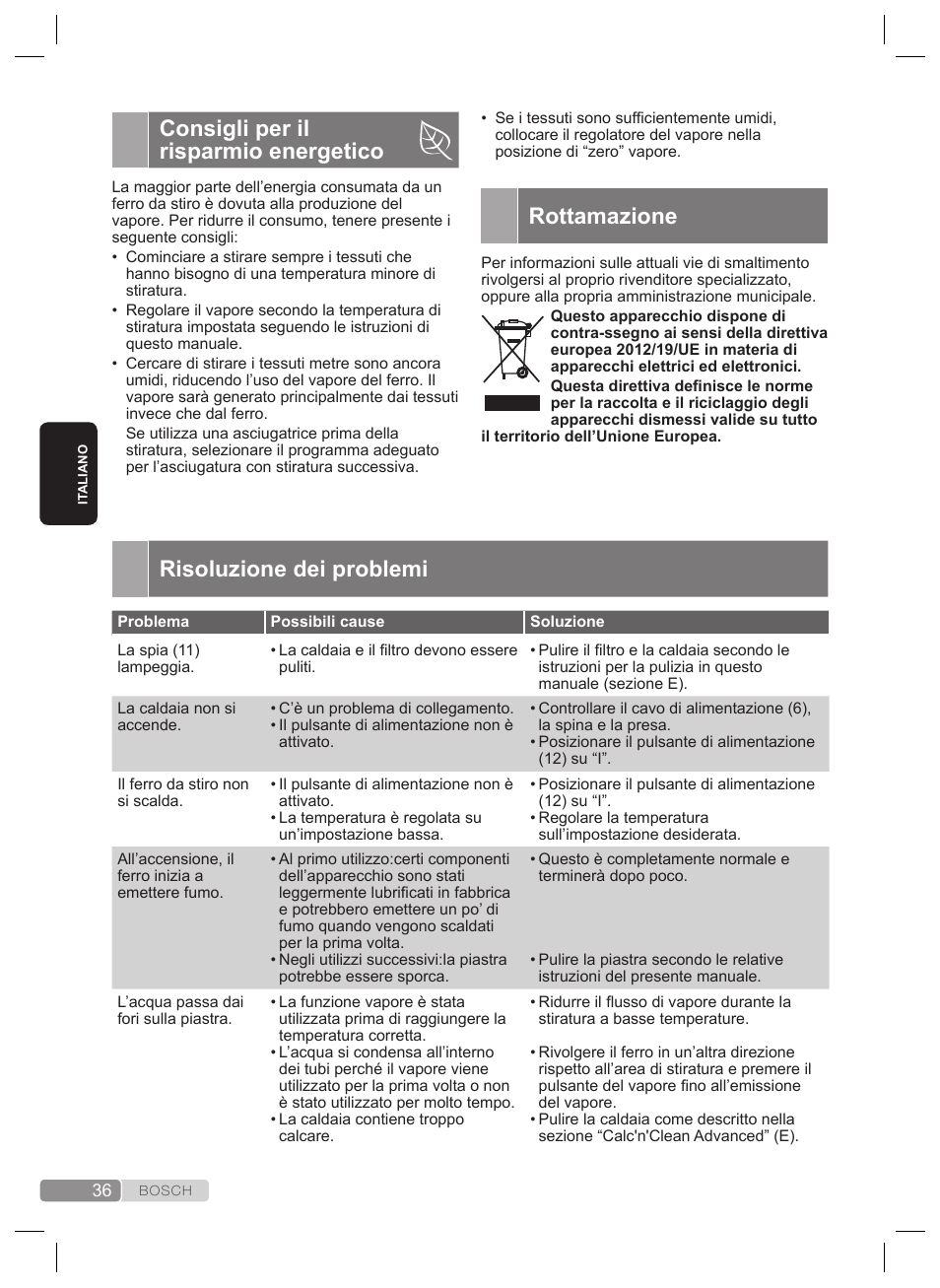 Risoluzione dei problemi, Consigli per il risparmio energetico, Rottamazione | Bosch TDS4530 User Manual | Page 36 / 160