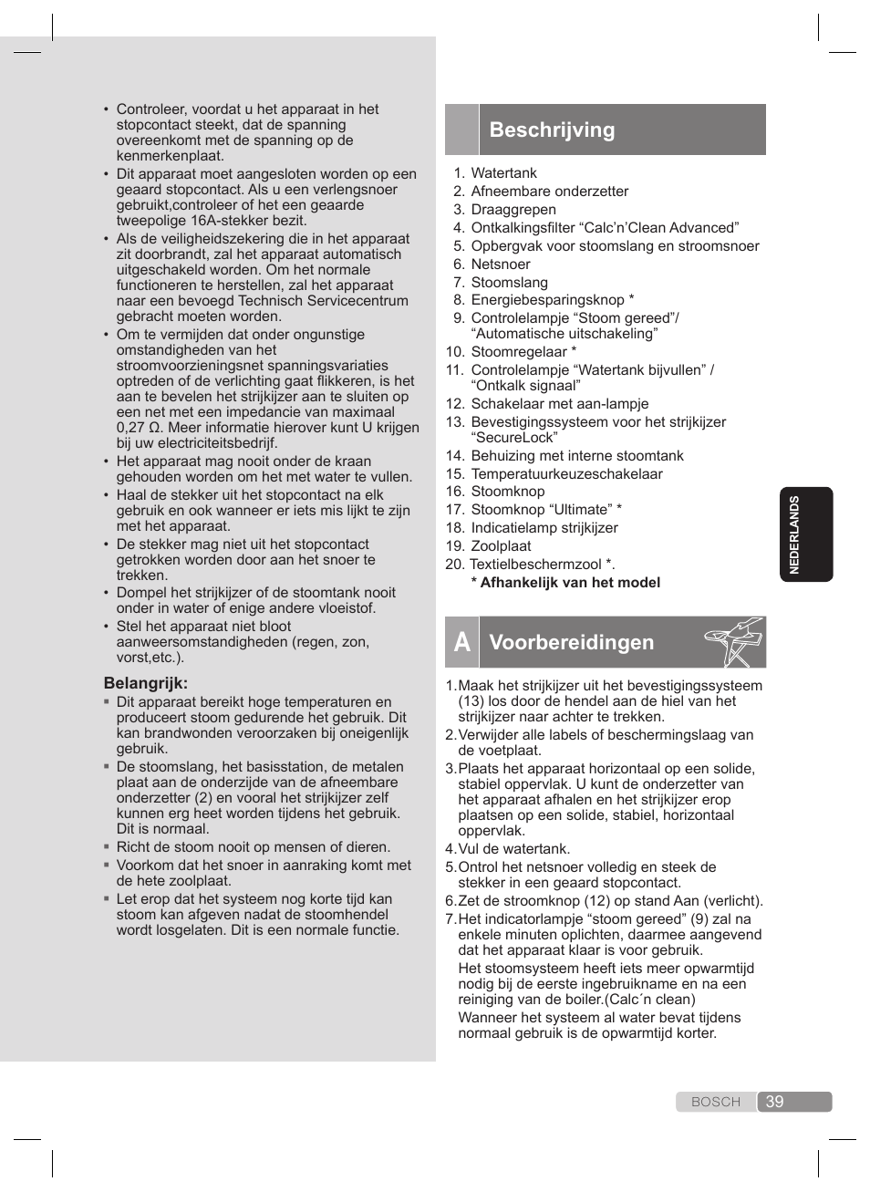 Beschrijving, Voorbereidingen | Bosch TDS4530 User Manual | Page 39 / 160