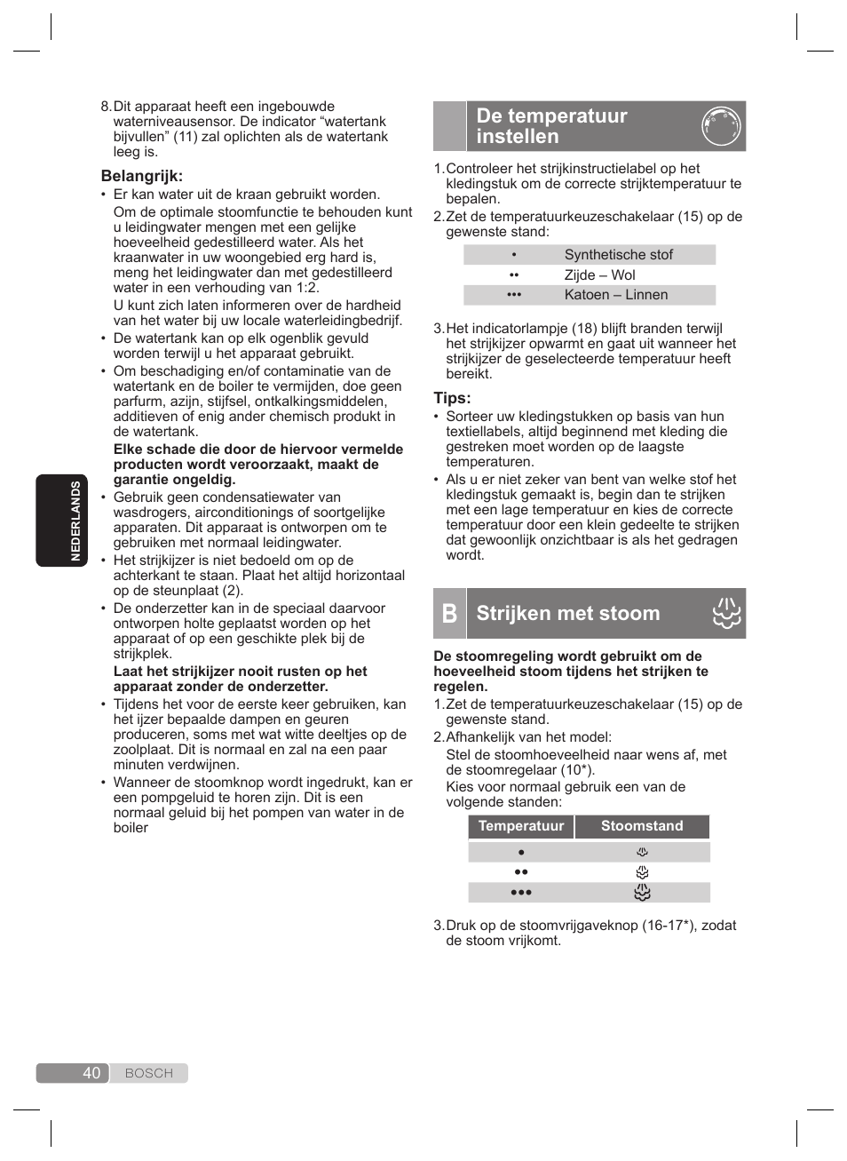 De temperatuur instellen, Strijken met stoom | Bosch TDS4530 User Manual | Page 40 / 160