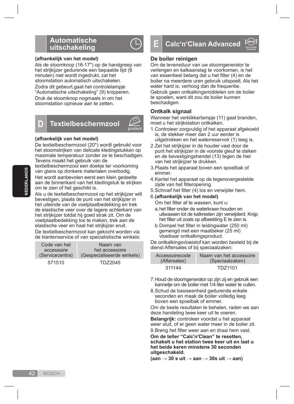 Calc‘n‘clean advanced, Automatische uitschakeling, Textielbeschermzool | Bosch TDS4530 User Manual | Page 42 / 160