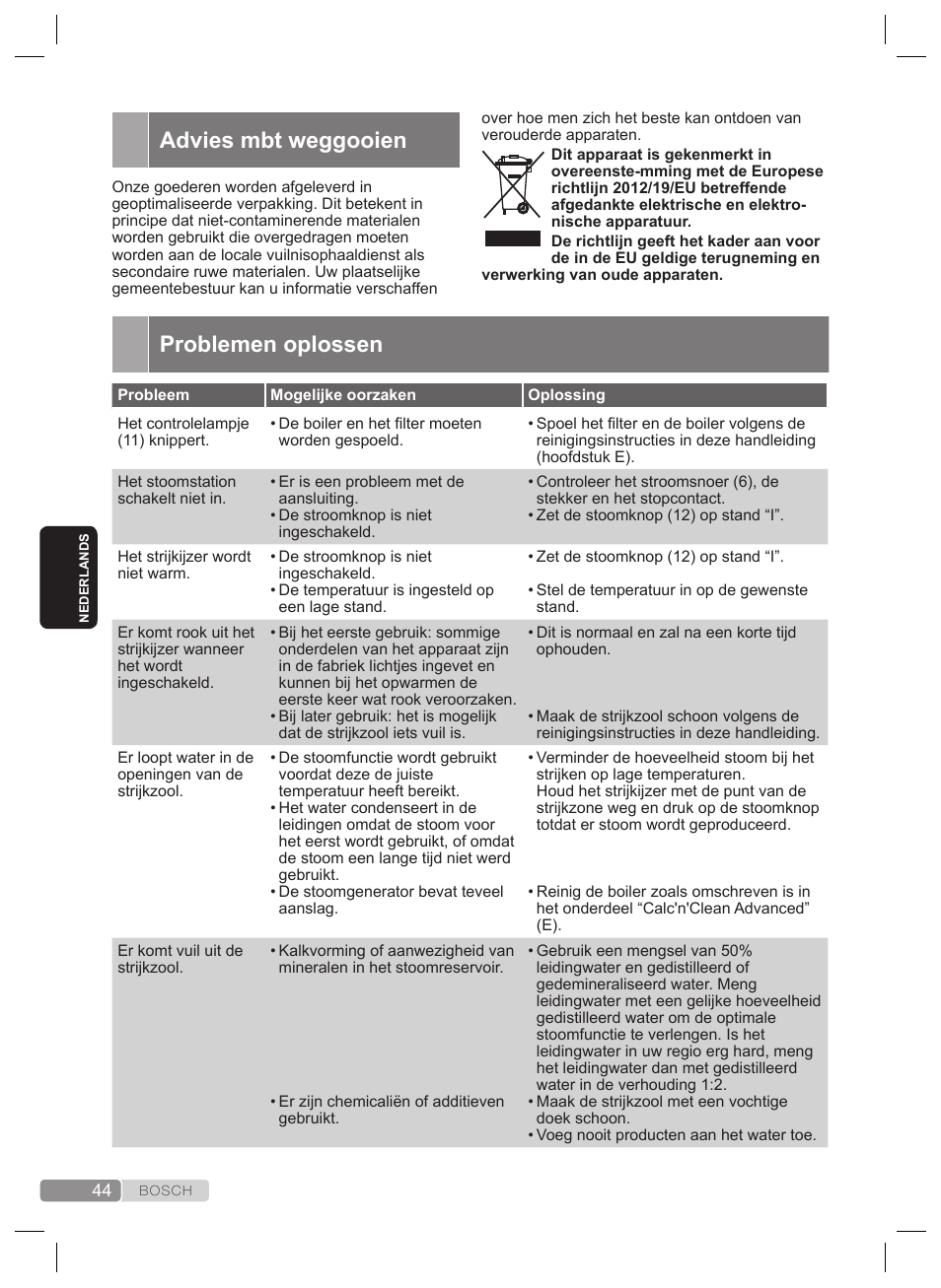 Problemen oplossen, Advies mbt weggooien | Bosch TDS4530 User Manual | Page 44 / 160