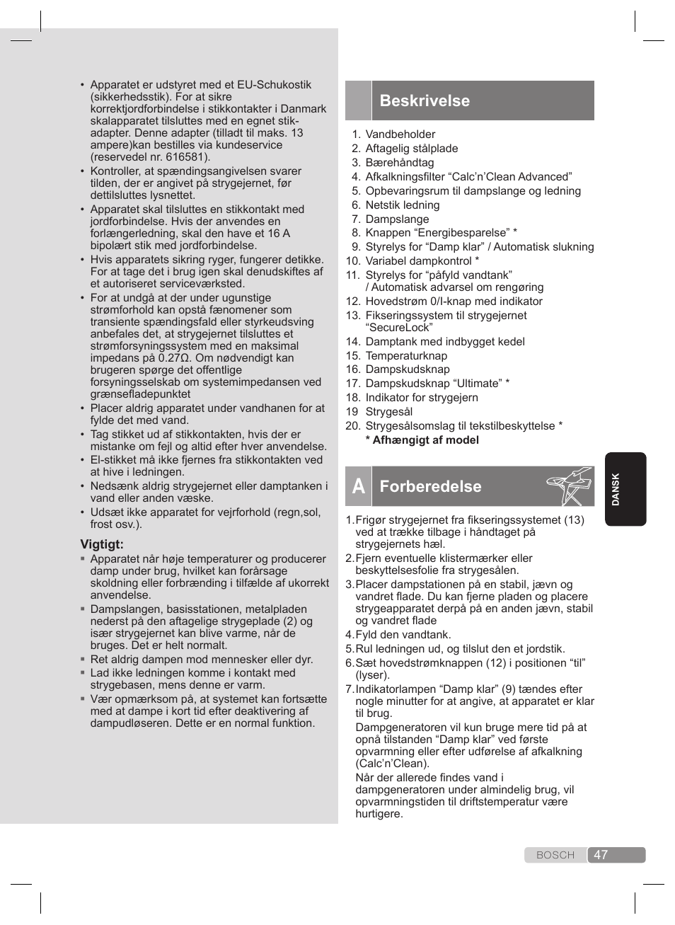 Beskrivelse, Forberedelse | Bosch TDS4530 User Manual | Page 47 / 160