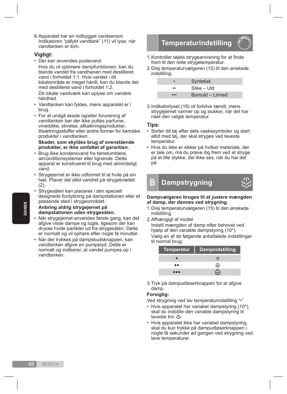 Temperaturindstilling, Dampstrygning | Bosch TDS4530 User Manual | Page 48 / 160