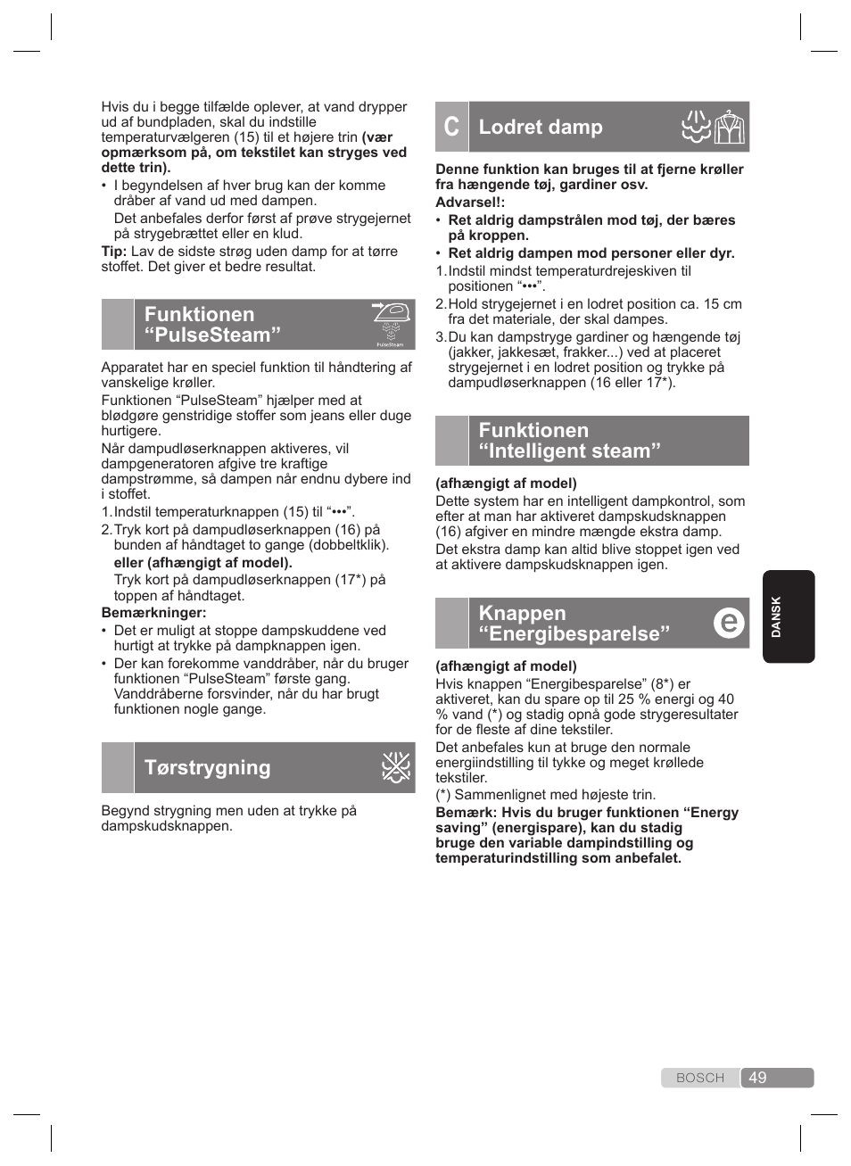 Funktionen “pulsesteam, Tørstrygning, Lodret damp | Funktionen “intelligent steam, Knappen “energibesparelse | Bosch TDS4530 User Manual | Page 49 / 160