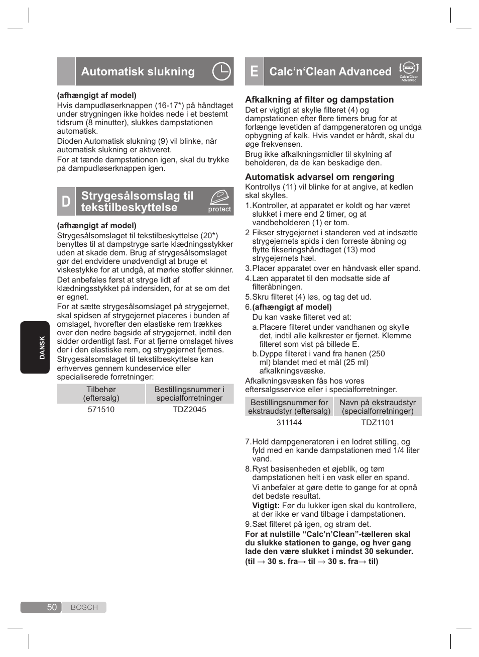 Calc‘n‘clean advanced, Automatisk slukning, Strygesålsomslag til tekstilbeskyttelse | Bosch TDS4530 User Manual | Page 50 / 160