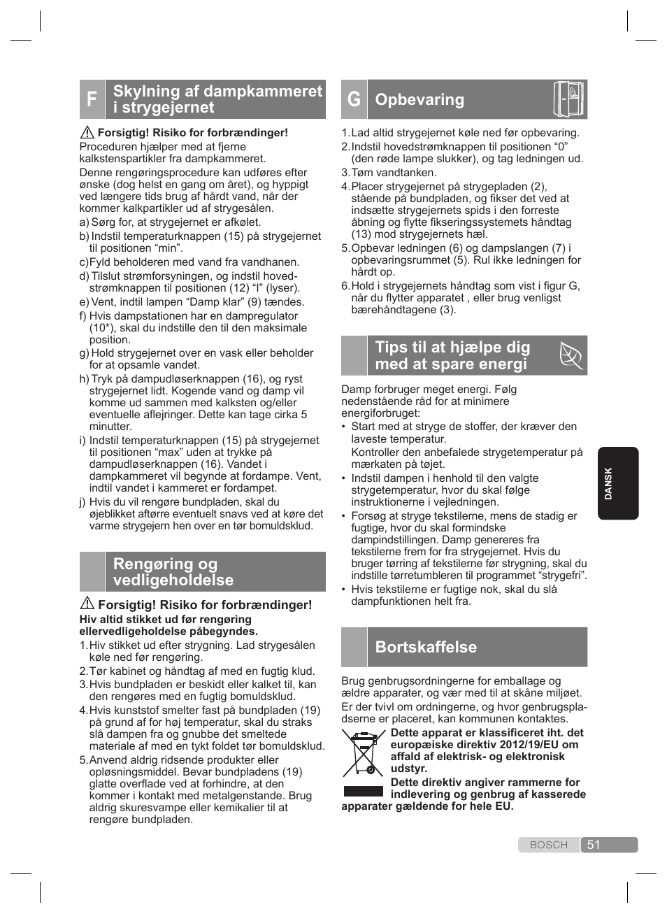 Opbevaring, Tips til at hjælpe dig med at spare energi, Bortskaffelse | Skylning af dampkammeret i strygejernet, Rengøring og vedligeholdelse | Bosch TDS4530 User Manual | Page 51 / 160