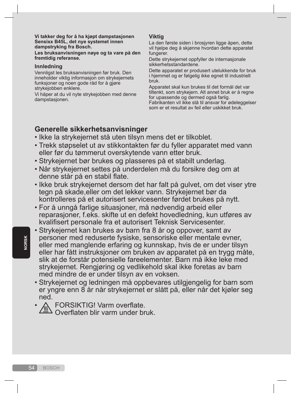 Generelle sikkerhetsanvisninger | Bosch TDS4530 User Manual | Page 54 / 160