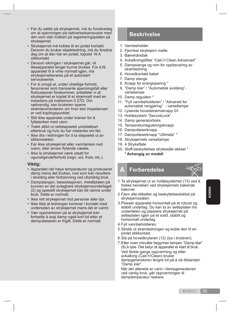 Beskrivelse, Forberedelse | Bosch TDS4530 User Manual | Page 55 / 160