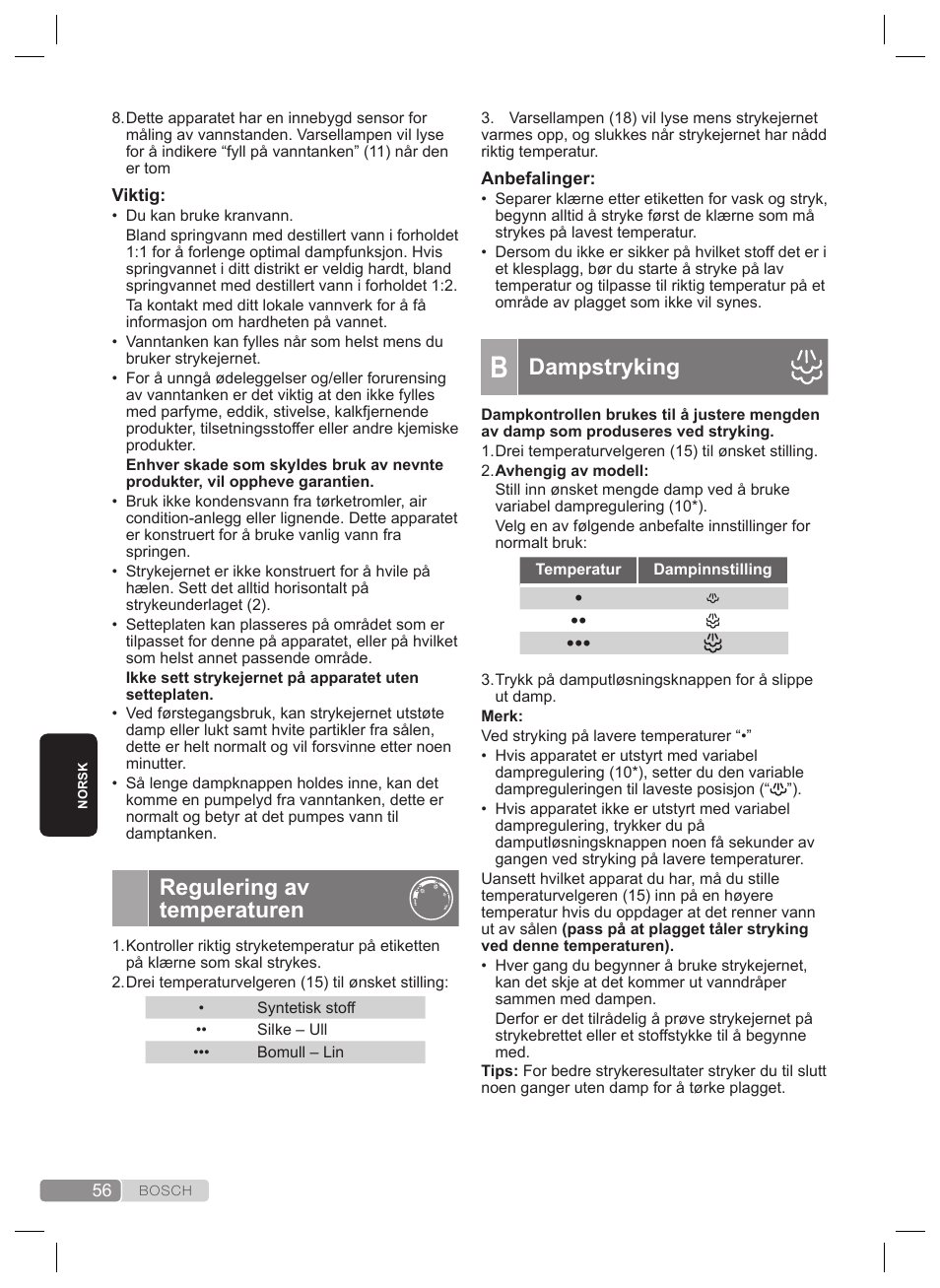 Dampstryking, Regulering av temperaturen | Bosch TDS4530 User Manual | Page 56 / 160