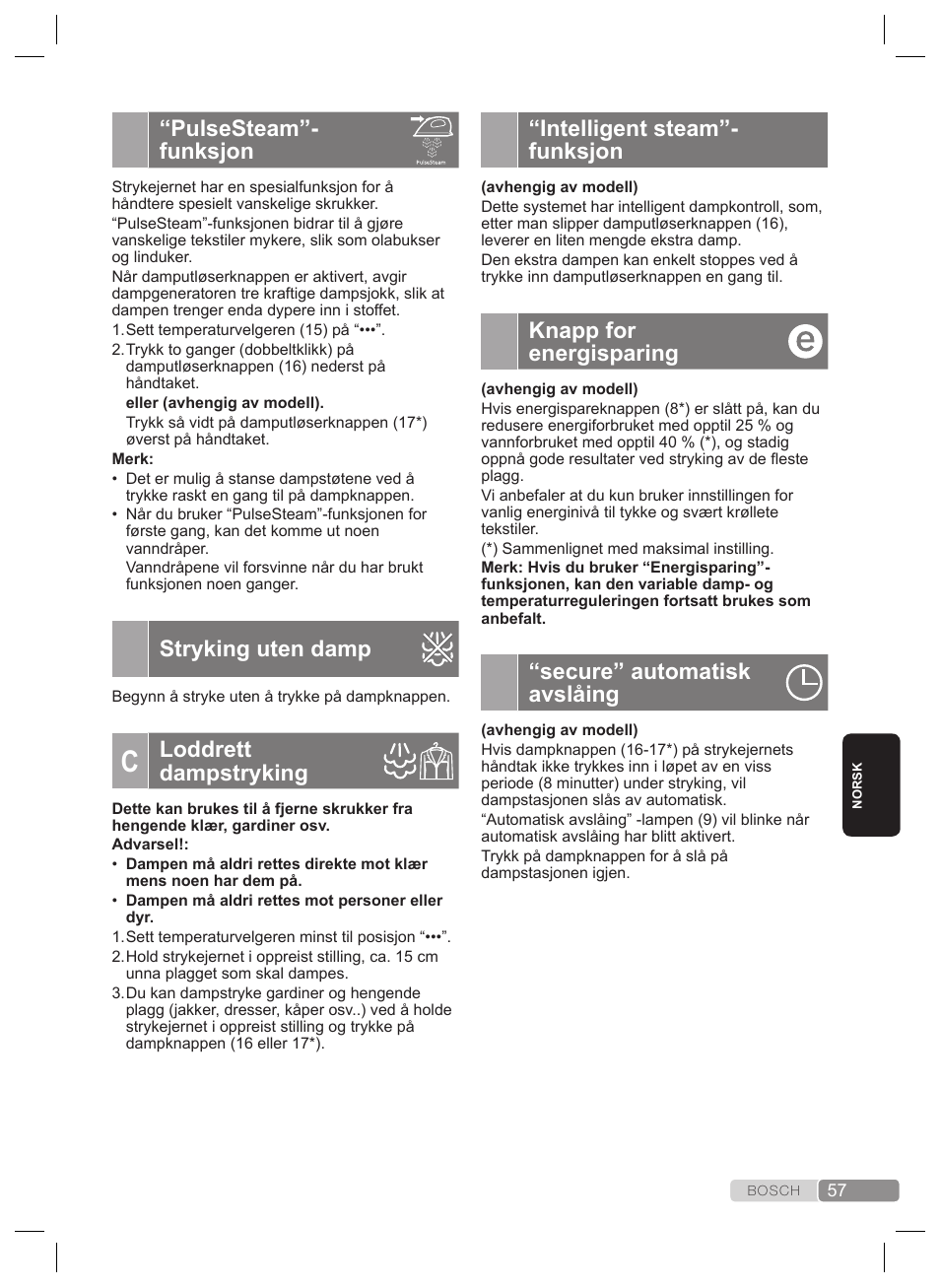 Intelligent steam”- funksjon, Knapp for energisparing, Secure” automatisk avslåing | Pulsesteam”- funksjon, Stryking uten damp, Loddrett dampstryking | Bosch TDS4530 User Manual | Page 57 / 160