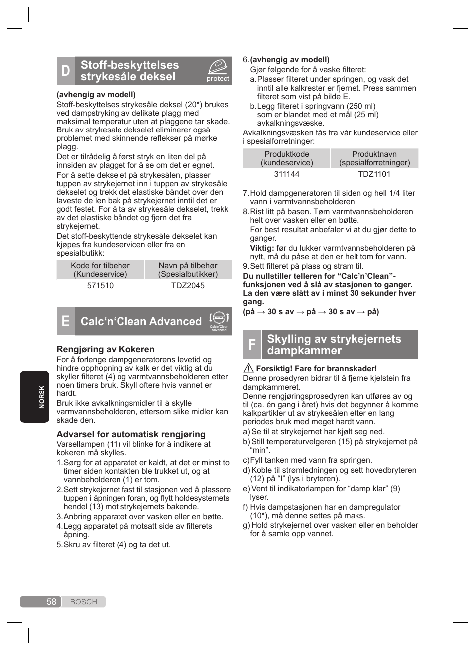 Skylling av strykejernets dampkammer, Stoff-beskyttelses strykesåle deksel, Calc‘n‘clean advanced | Bosch TDS4530 User Manual | Page 58 / 160