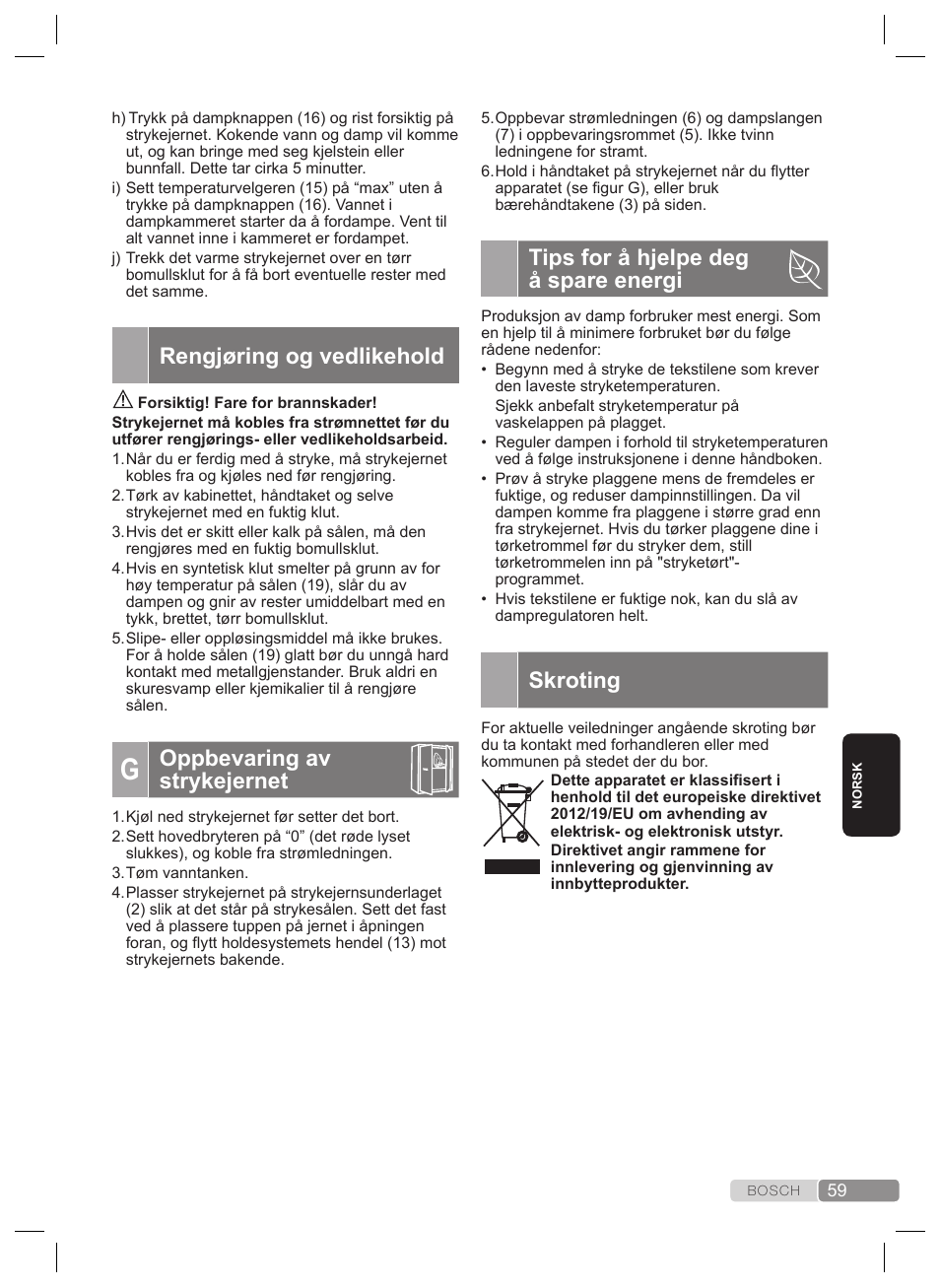 Tips for å hjelpe deg å spare energi, Skroting, Rengjøring og vedlikehold | Oppbevaring av strykejernet | Bosch TDS4530 User Manual | Page 59 / 160