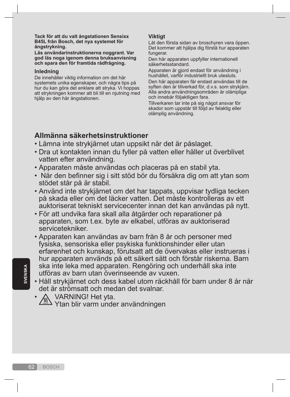 Allmänna säkerhetsinstruktioner | Bosch TDS4530 User Manual | Page 62 / 160