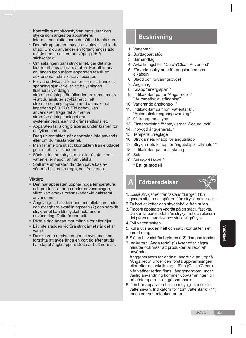 Beskrivning, Förberedelser | Bosch TDS4530 User Manual | Page 63 / 160