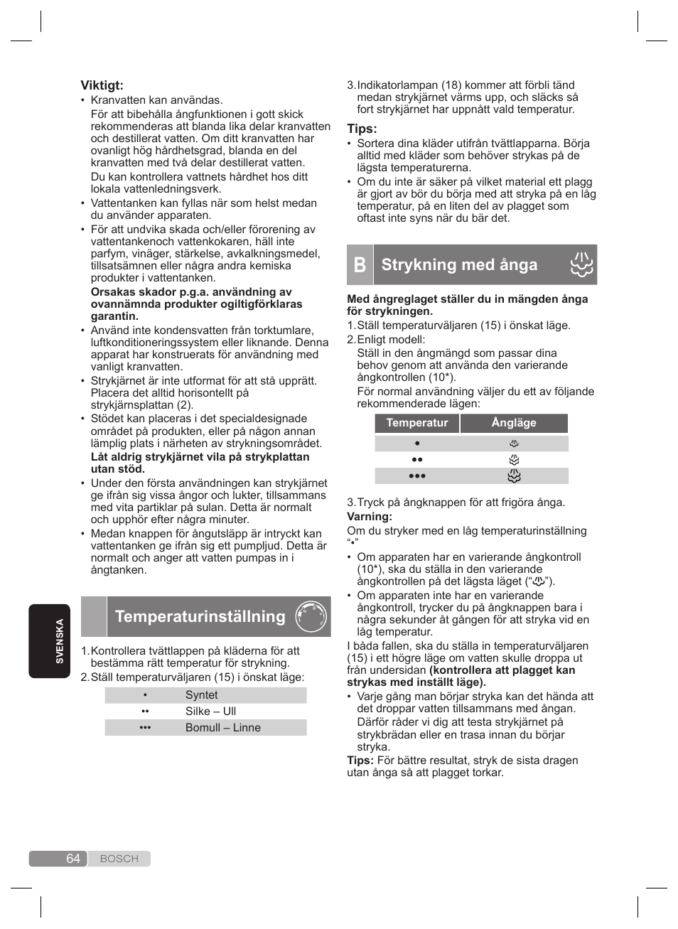 Strykning med ånga, Temperaturinställning | Bosch TDS4530 User Manual | Page 64 / 160