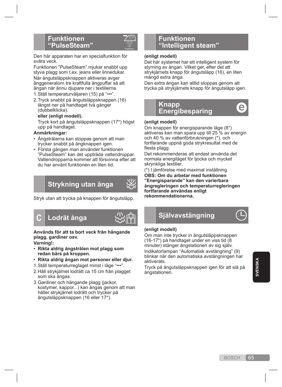 Funktionen “intelligent steam, Knapp energibesparing, Självavstängning | Funktionen “pulsesteam, Strykning utan ånga, Lodrät ånga | Bosch TDS4530 User Manual | Page 65 / 160