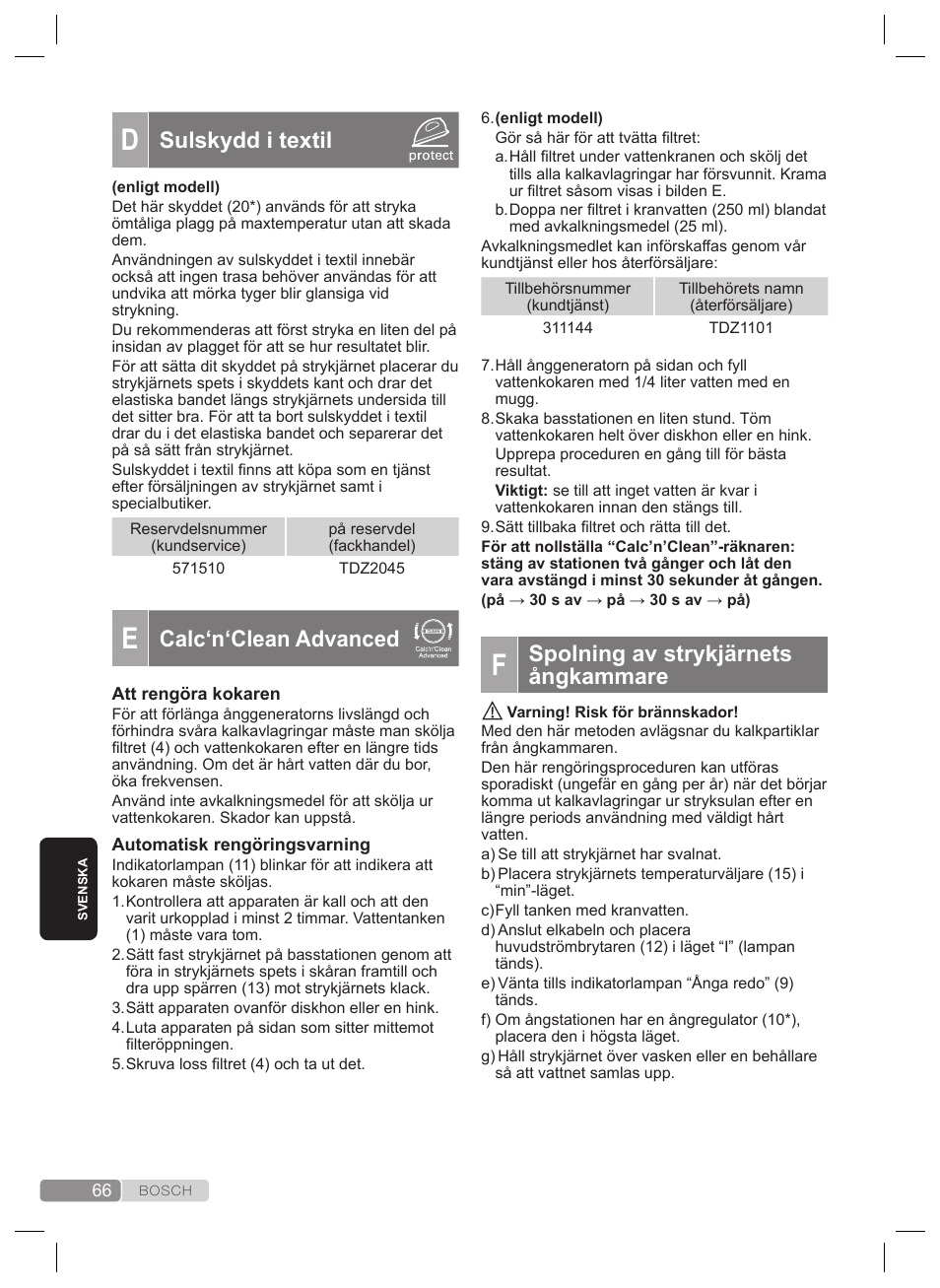 Spolning av strykjärnets ångkammare, Sulskydd i textil, Calc‘n‘clean advanced | Bosch TDS4530 User Manual | Page 66 / 160