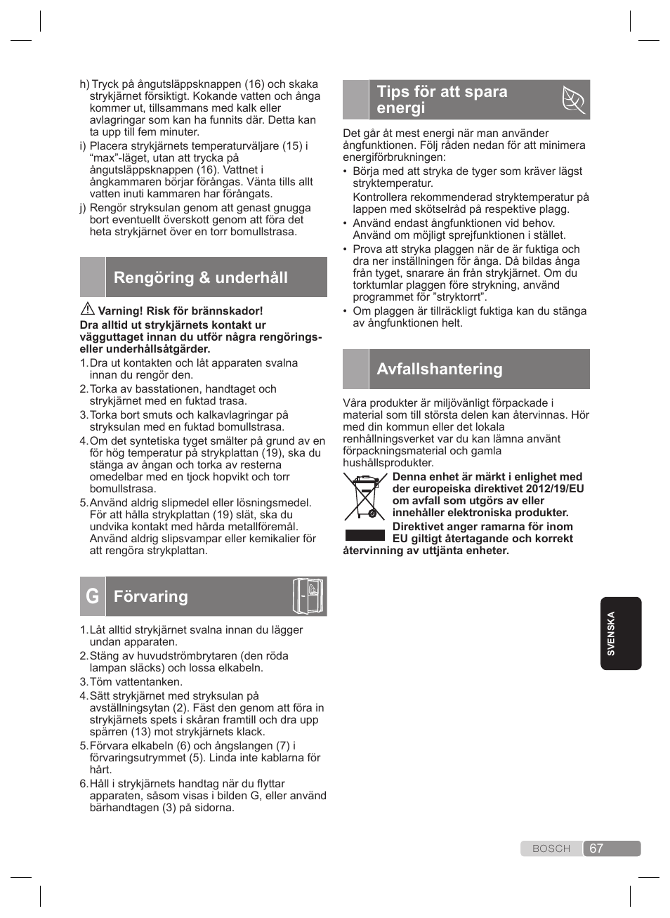 Tips för att spara energi, Avfallshantering, Rengöring & underhåll | Förvaring | Bosch TDS4530 User Manual | Page 67 / 160