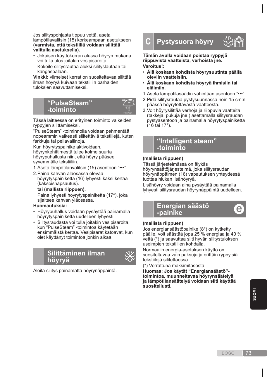 Pystysuora höyry, Intelligent steam” -toiminto, Energian säästö -painike | Pulsesteam” -toiminto, Silittäminen ilman höyryä | Bosch TDS4530 User Manual | Page 73 / 160