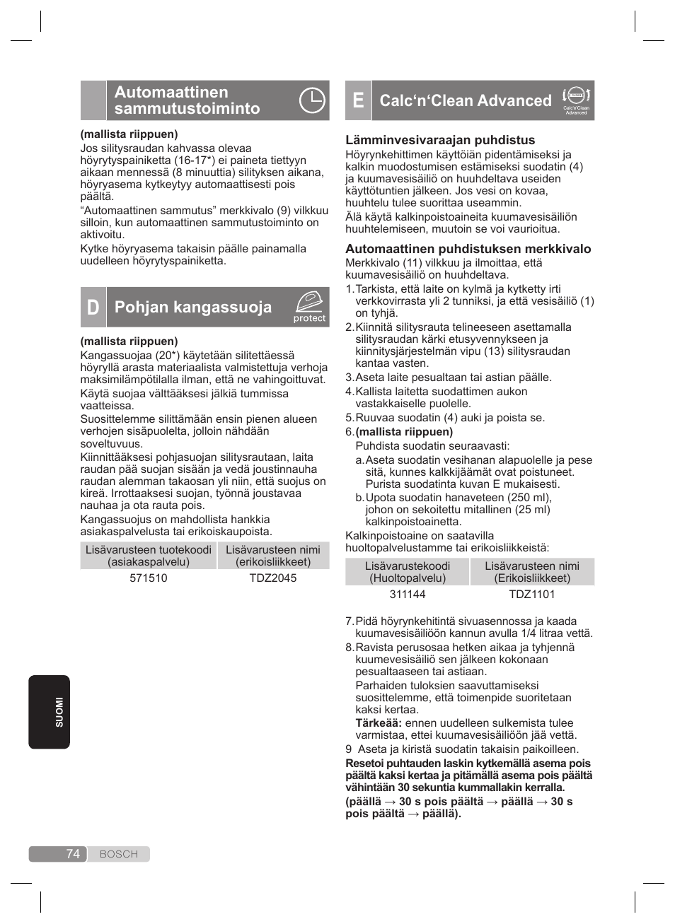 Calc‘n‘clean advanced, Automaattinen sammutustoiminto, Pohjan kangassuoja | Bosch TDS4530 User Manual | Page 74 / 160