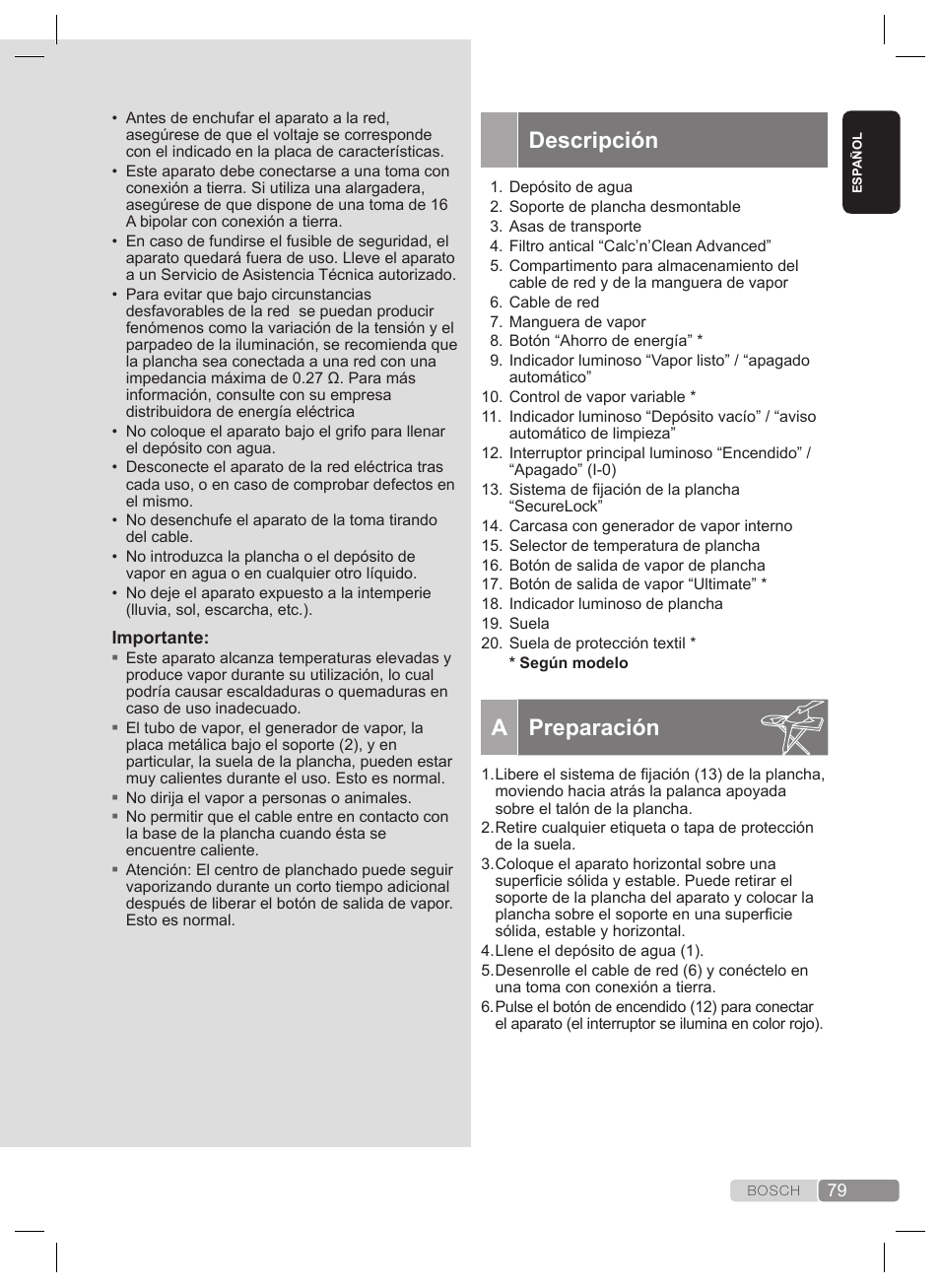 Descripción, A preparación | Bosch TDS4530 User Manual | Page 79 / 160
