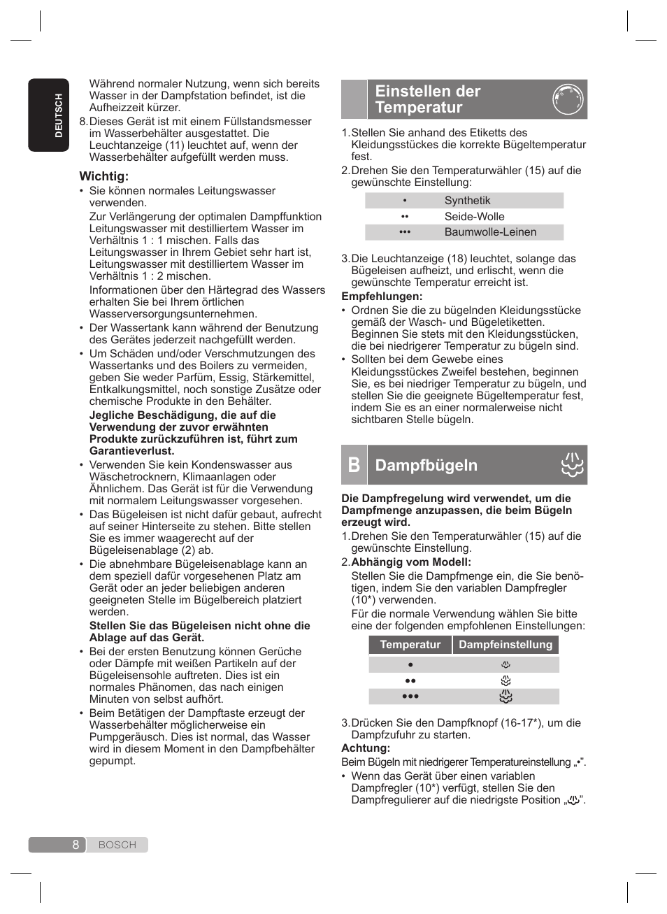 Einstellen der temperatur, Dampfbügeln | Bosch TDS4530 User Manual | Page 8 / 160