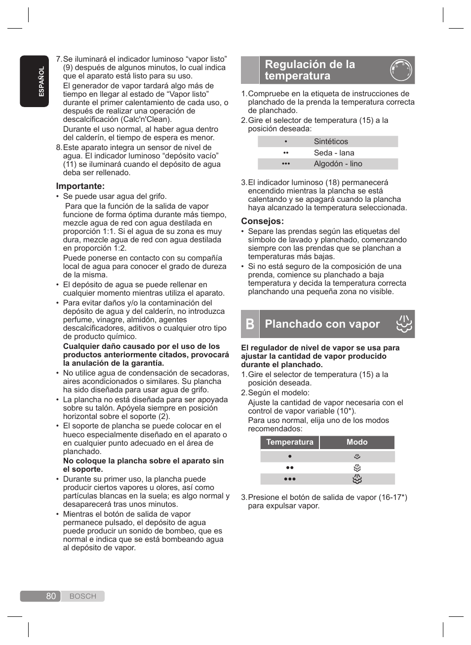 Regulación de la temperatura, Planchado con vapor | Bosch TDS4530 User Manual | Page 80 / 160