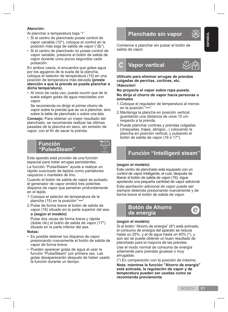 Planchado sin vapor, Vapor vertical, Función “intelligent steam | Botón de ahorro de energía, Función “pulsesteam | Bosch TDS4530 User Manual | Page 81 / 160