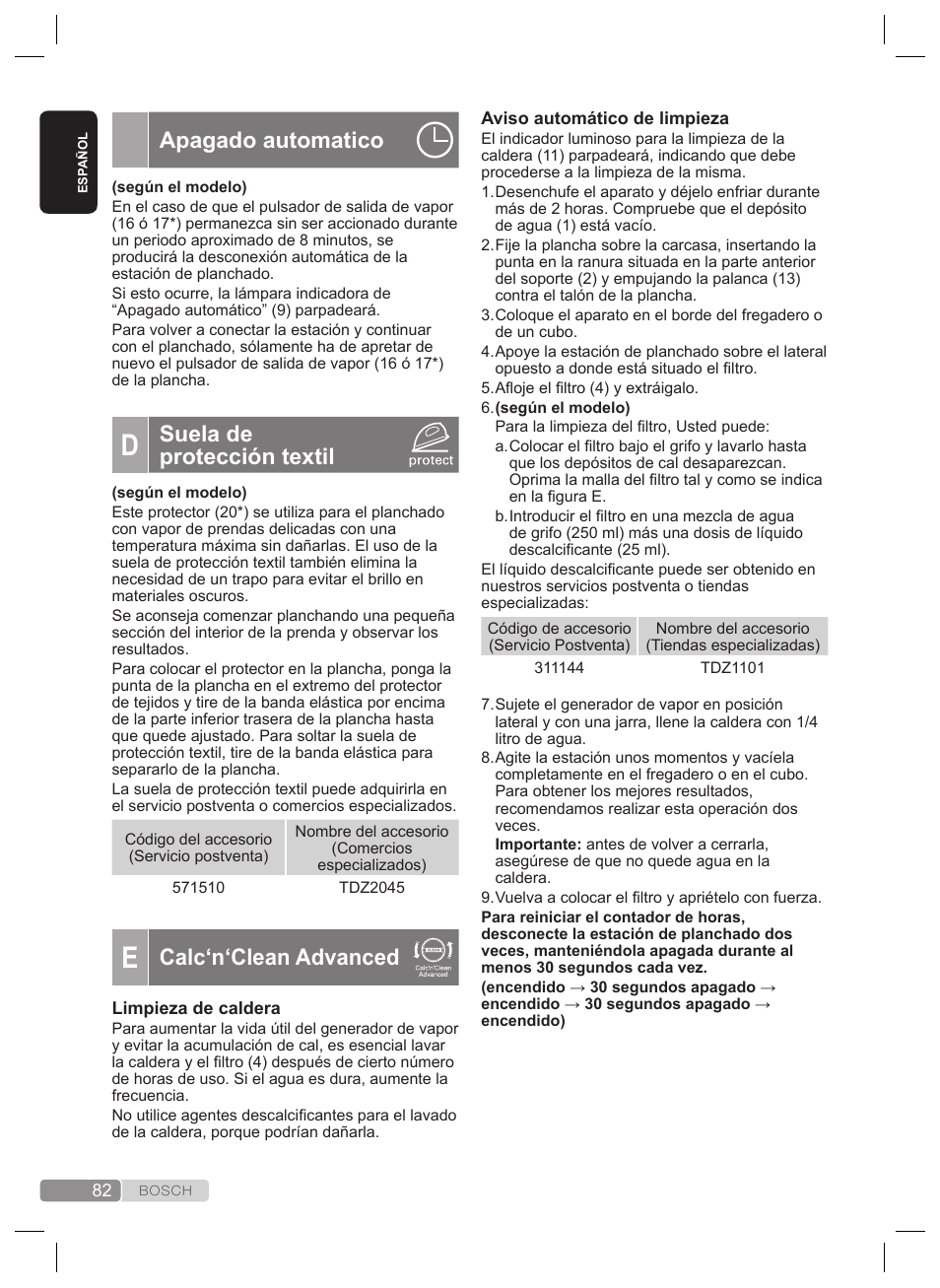 Apagado automatico, Suela de protección textil, Calc‘n‘clean advanced | Bosch TDS4530 User Manual | Page 82 / 160