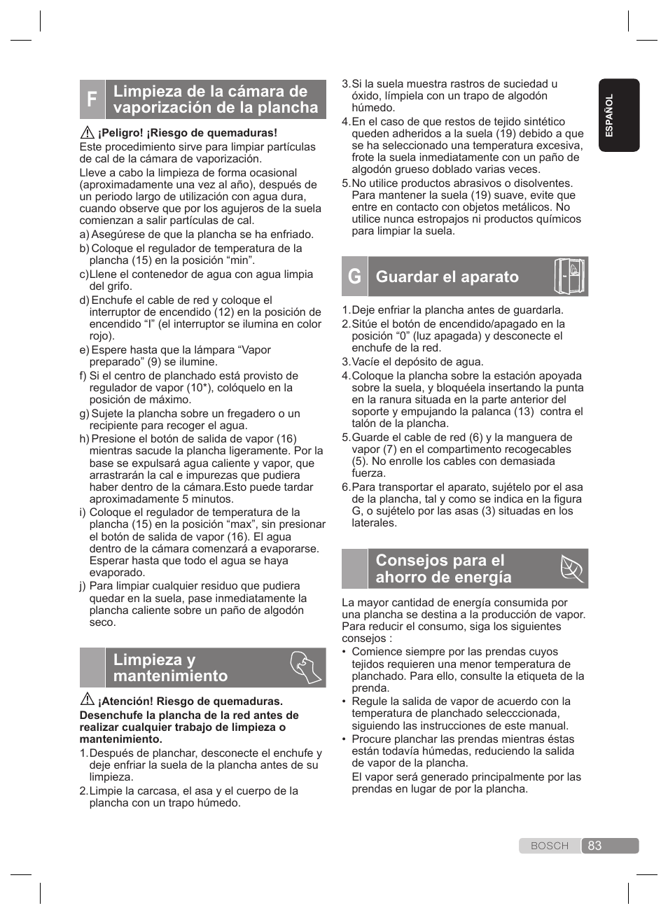 Guardar el aparato, Consejos para el ahorro de energía, Limpieza y mantenimiento | Bosch TDS4530 User Manual | Page 83 / 160
