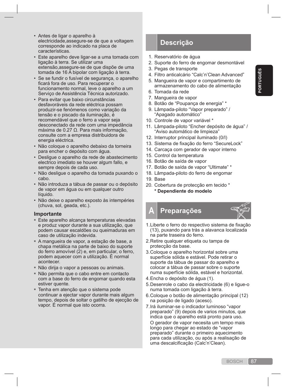 Descrição, Preparações | Bosch TDS4530 User Manual | Page 87 / 160