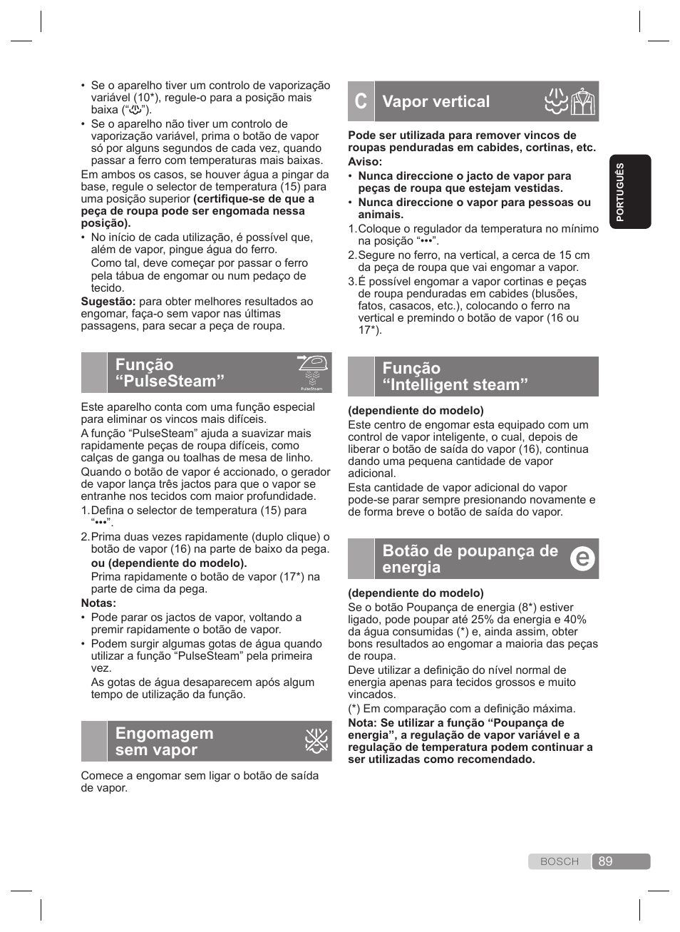 Vapor vertical, Função “intelligent steam, Botão de poupança de energia | Função “pulsesteam, Engomagem sem vapor | Bosch TDS4530 User Manual | Page 89 / 160