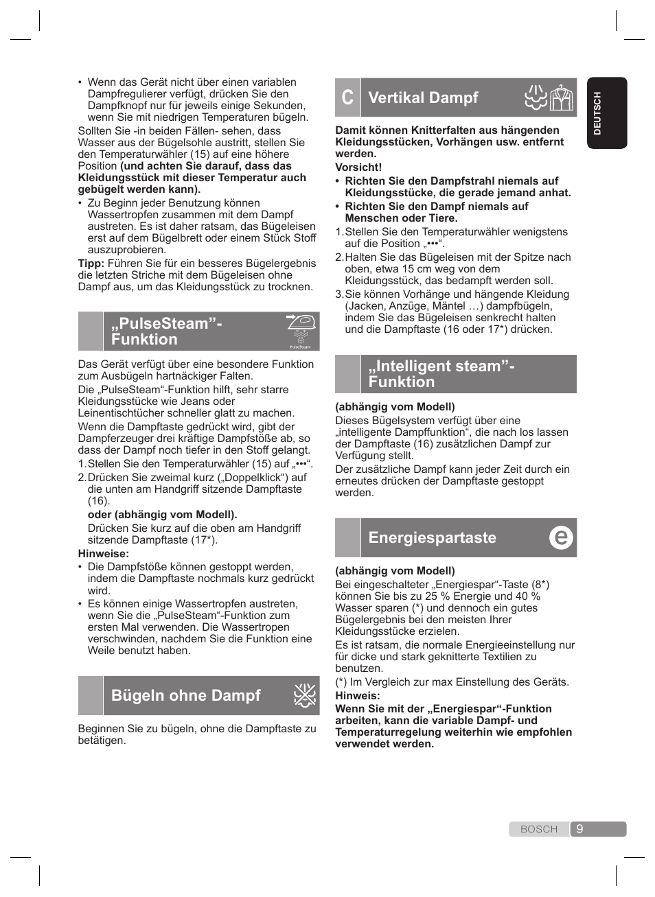 Vertikal dampf, Intelligent steam”- funktion, Energiespartaste | Pulsesteam”- funktion, Bügeln ohne dampf | Bosch TDS4530 User Manual | Page 9 / 160