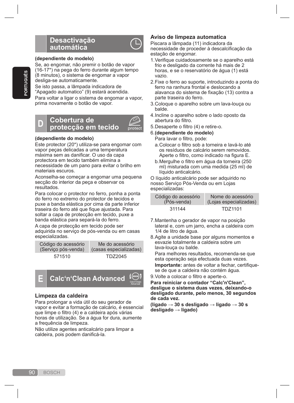 Desactivação automática, Cobertura de protecção em tecido, Calc‘n‘clean advanced | Bosch TDS4530 User Manual | Page 90 / 160