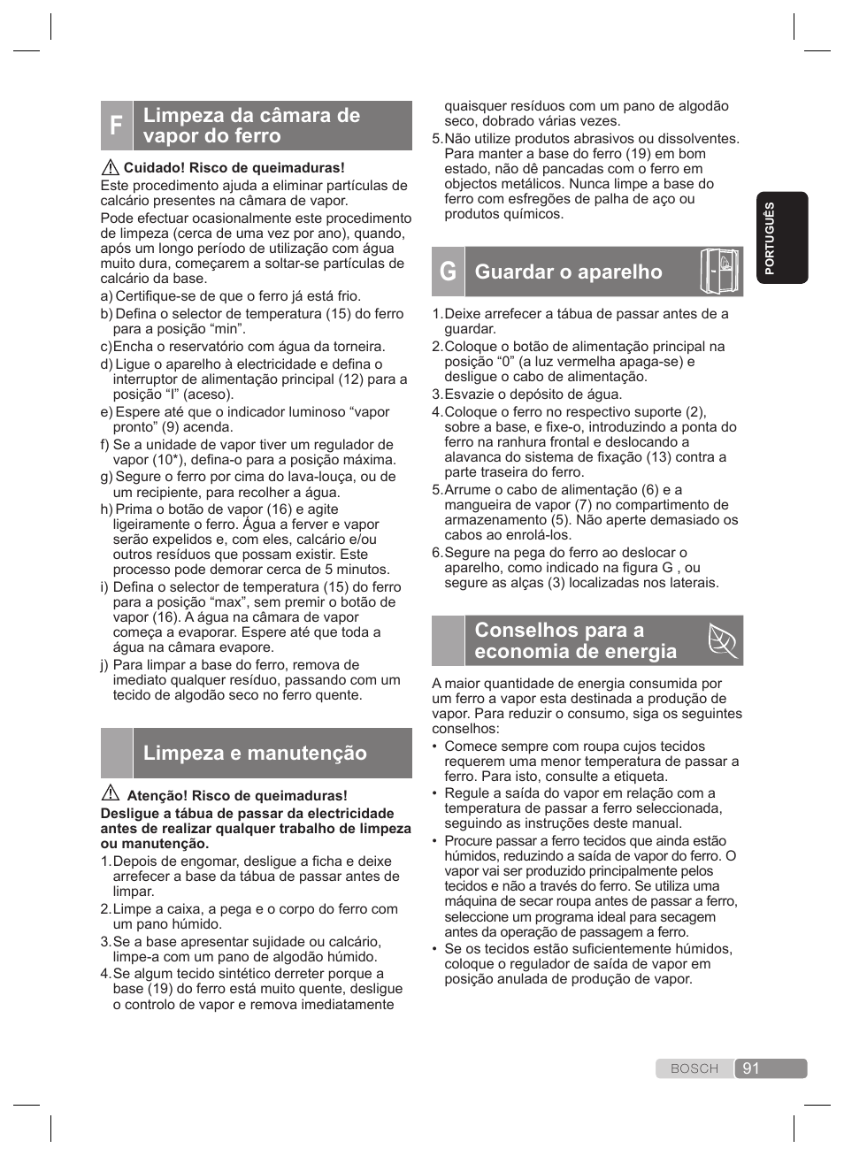 Guardar o aparelho, Conselhos para a economia de energia, Limpeza da câmara de vapor do ferro | Limpeza e manutenção | Bosch TDS4530 User Manual | Page 91 / 160