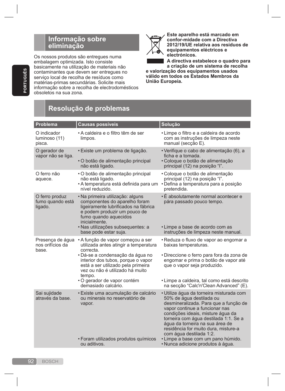 Resolução de problemas, Informação sobre eliminação | Bosch TDS4530 User Manual | Page 92 / 160