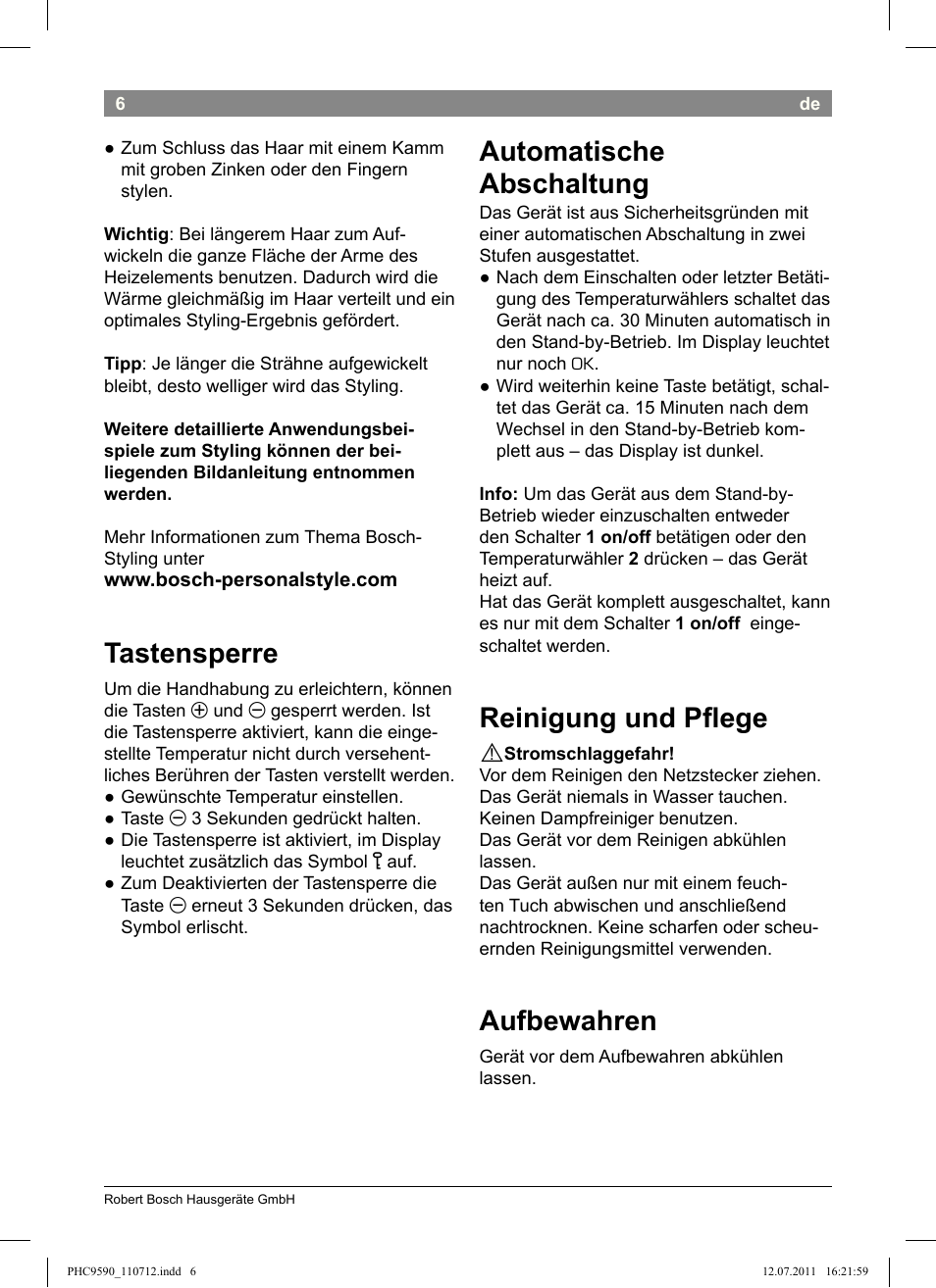 Tastensperre, Automatische abschaltung, Reinigung und plege | Aufbewahren | Bosch PHC9590 User Manual | Page 10 / 120