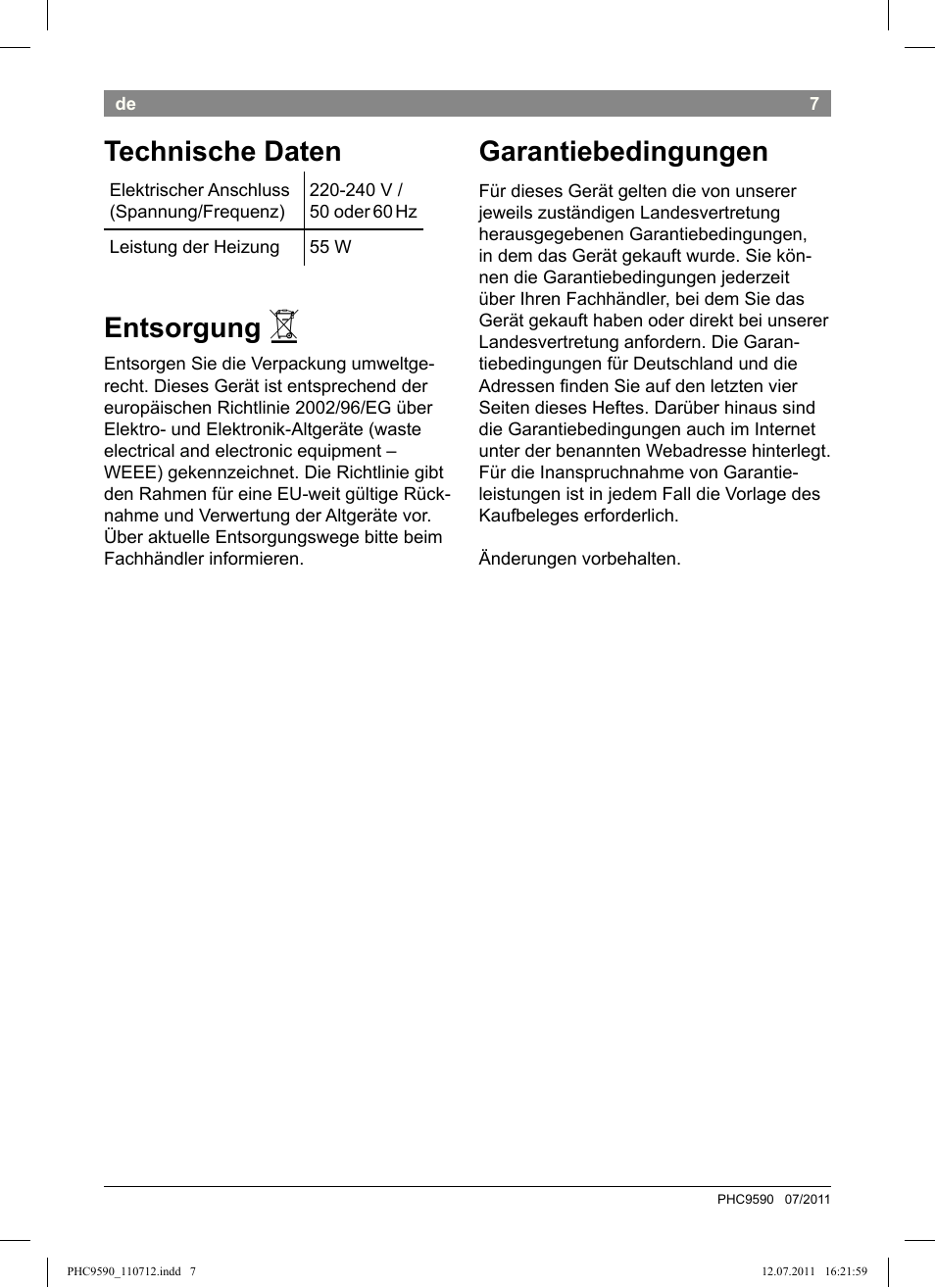 Technische daten, Entsorgung, Garantiebedingungen | Bosch PHC9590 User Manual | Page 11 / 120