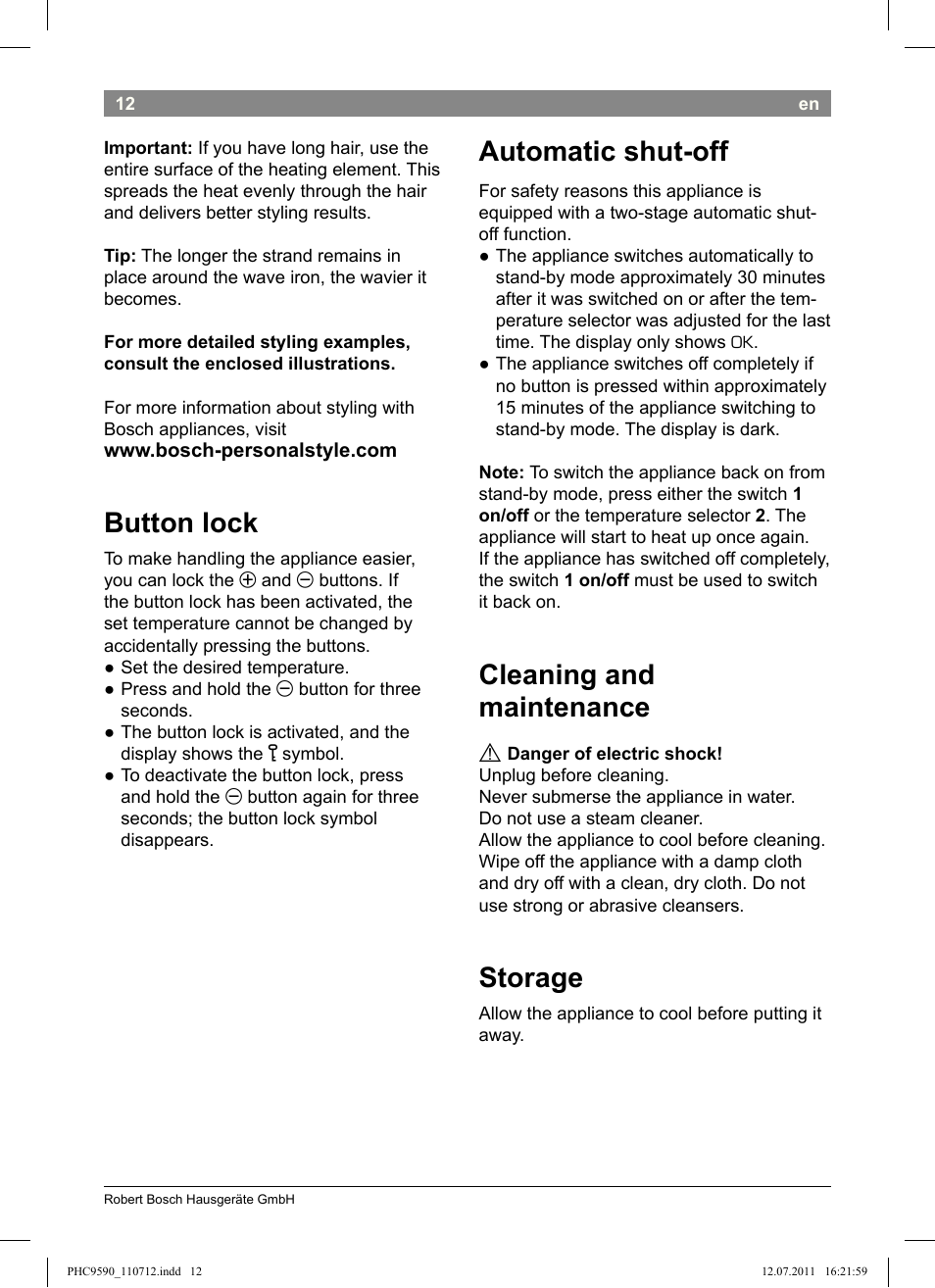Button lock, Automatic shut-off, Cleaning and maintenance | Storage | Bosch PHC9590 User Manual | Page 16 / 120