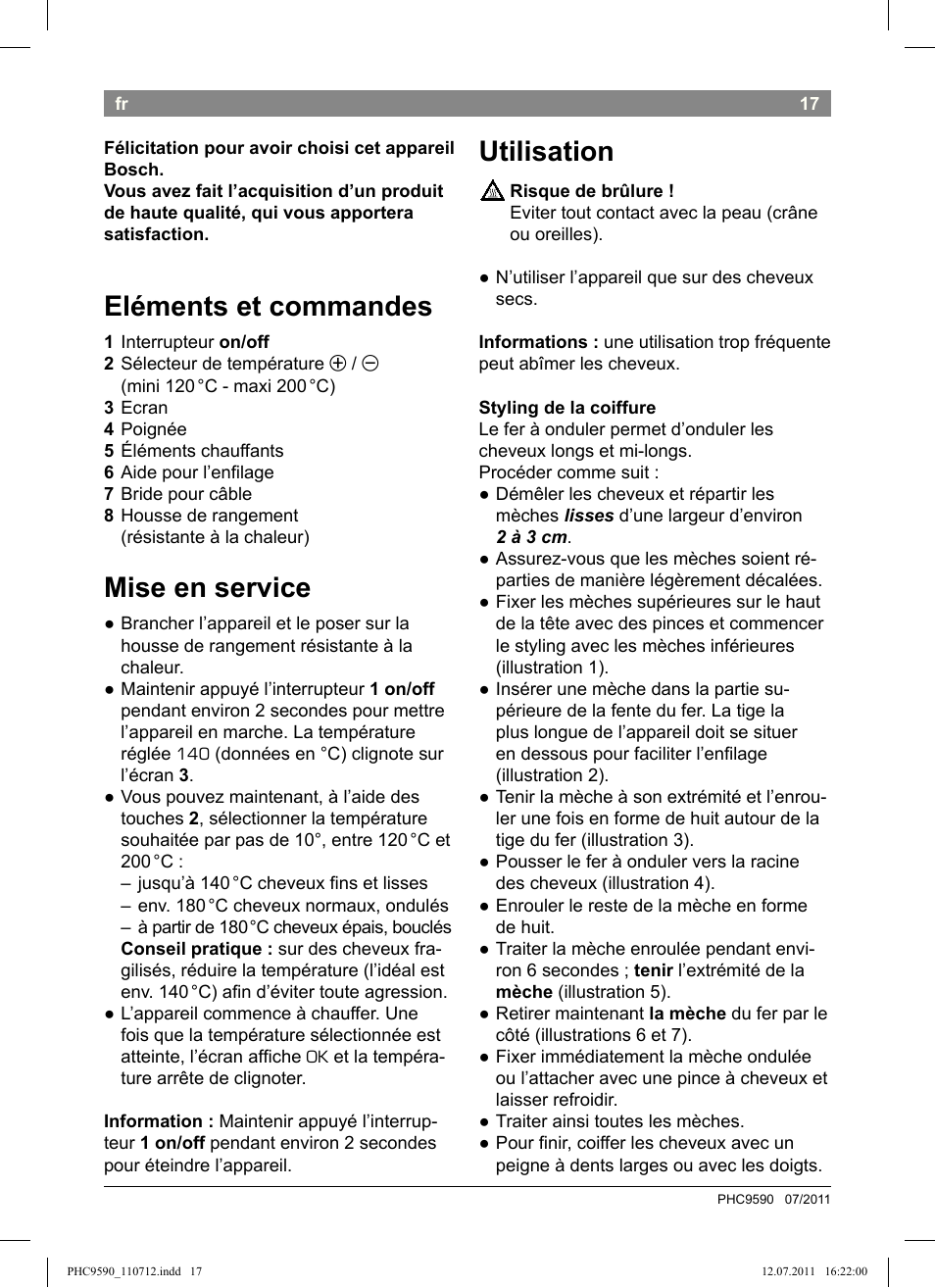 Eléments et commandes, Mise en service, Utilisation | Bosch PHC9590 User Manual | Page 21 / 120