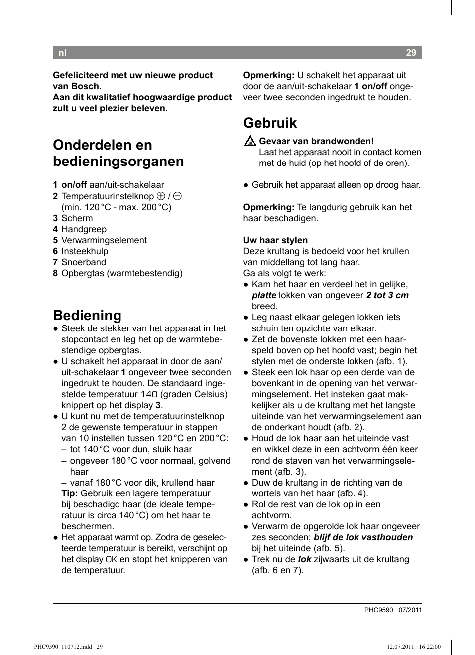 Onderdelen en bedieningsorganen, Bediening, Gebruik | Bosch PHC9590 User Manual | Page 33 / 120