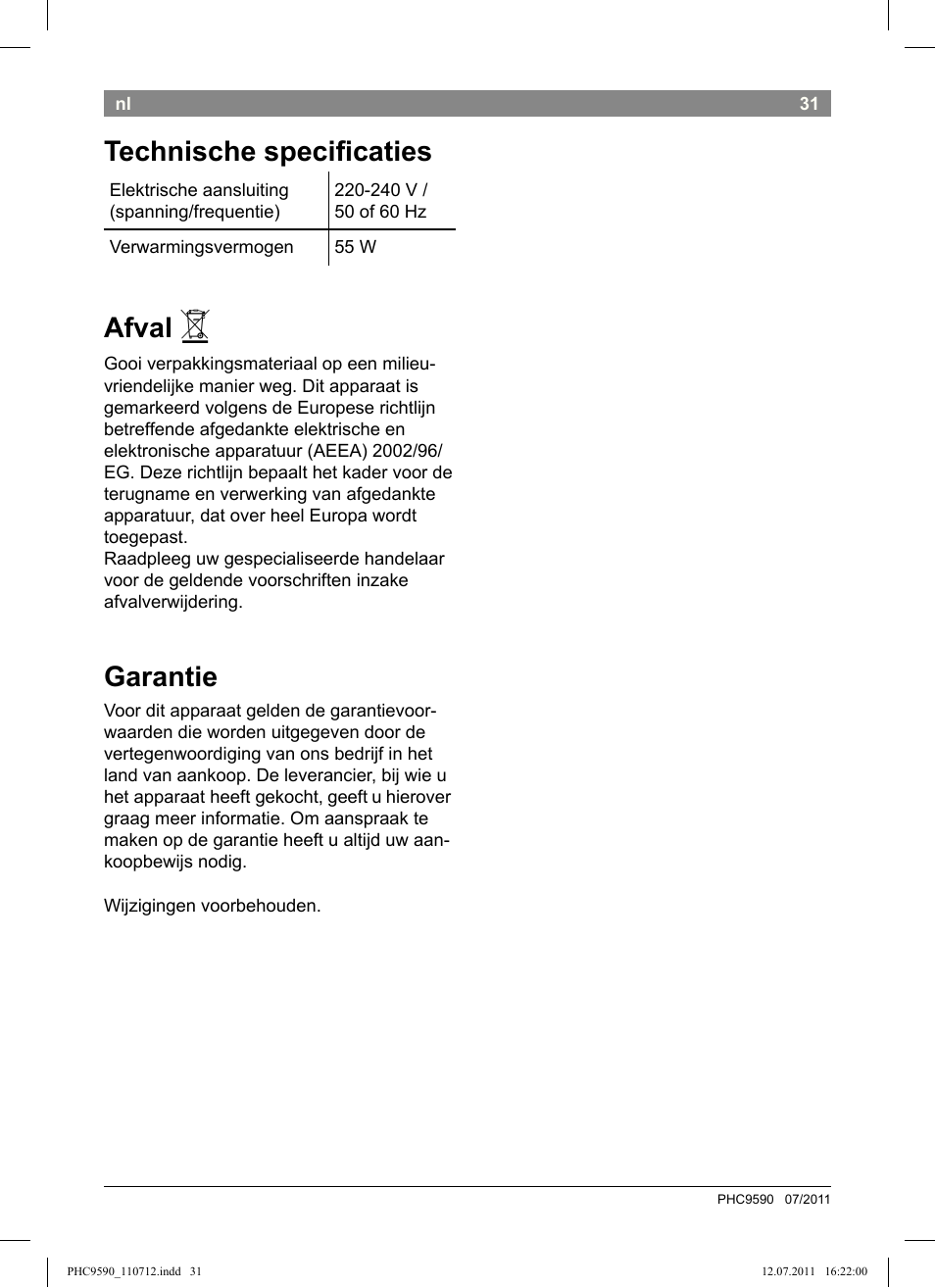 Technische speciicaties, Afval, Garantie | Bosch PHC9590 User Manual | Page 35 / 120