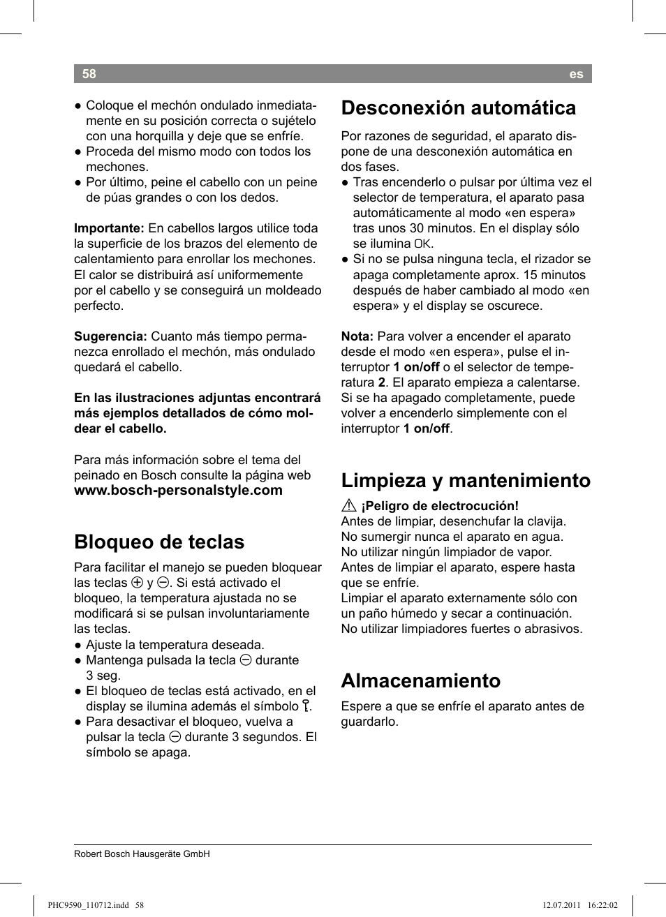 Bloqueo de teclas, Desconexión automática, Limpieza y mantenimiento | Almacenamiento | Bosch PHC9590 User Manual | Page 62 / 120