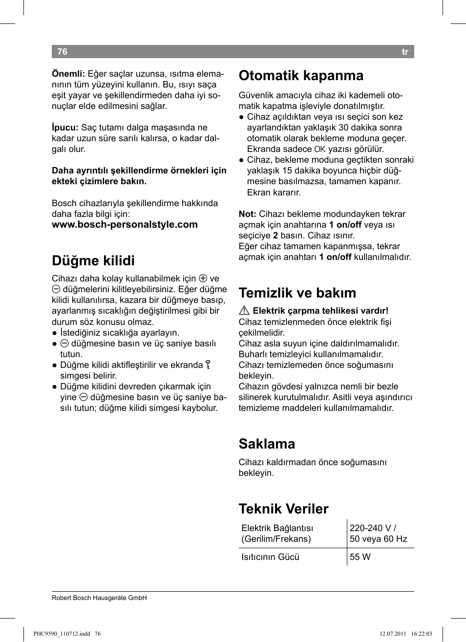 Düğme kilidi, Otomatik kapanma, Temizlik ve bakım | Saklama, Teknik veriler | Bosch PHC9590 User Manual | Page 80 / 120
