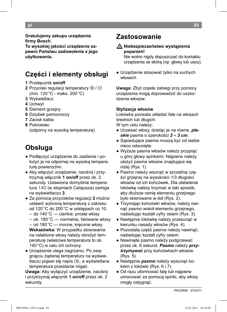 Części i elementy obsługi, Obsługa, Zastosowanie | Bosch PHC9590 User Manual | Page 87 / 120