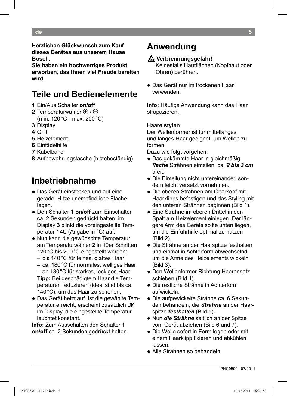 Teile und bedienelemente, Inbetriebnahme, Anwendung | Bosch PHC9590 User Manual | Page 9 / 120