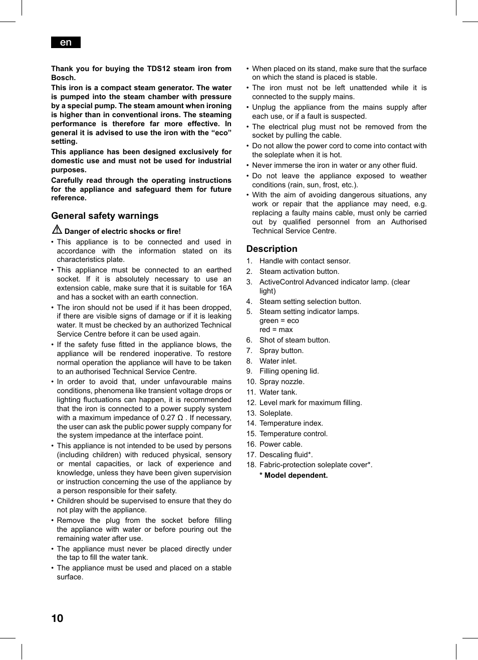 General safety warnings, Description | Bosch TDS1216 User Manual | Page 10 / 116